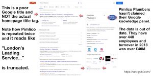Pimlico Plumbers SEO Title Tag Mistake