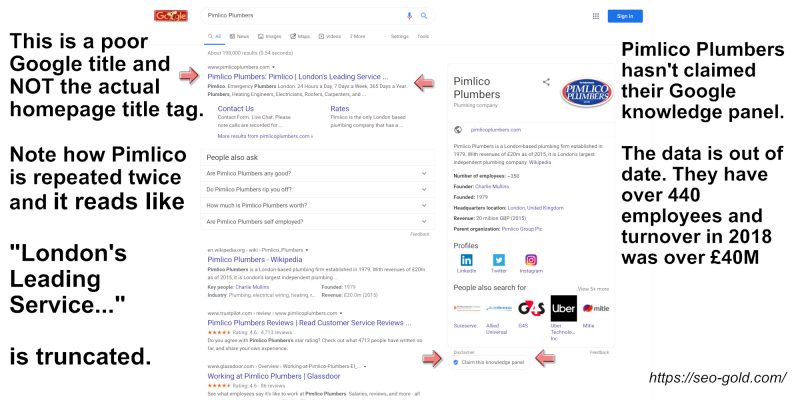 Pimlico Plumbers SEO Title Tag Mistake